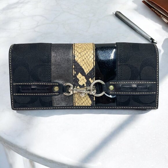 COACH Signature Large Wallet Black Canvas & Leather Beige Snakeskin Stripe - Picture 1 of 14